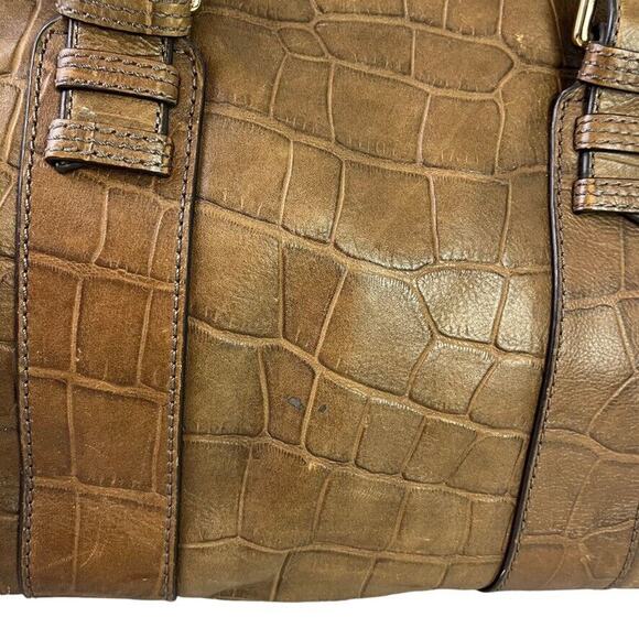 Perlina Womens Brown Croc Embossed Leather Double Handle Shoulder Bag Purse - Picture 6 of 16